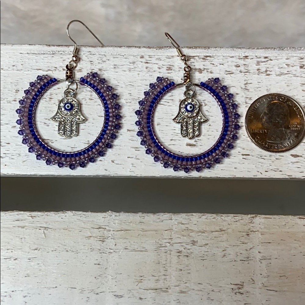 Boho Beaded Hand of Fatima HANDMADE Purple Hoop Earrings - Picture 4 of 6